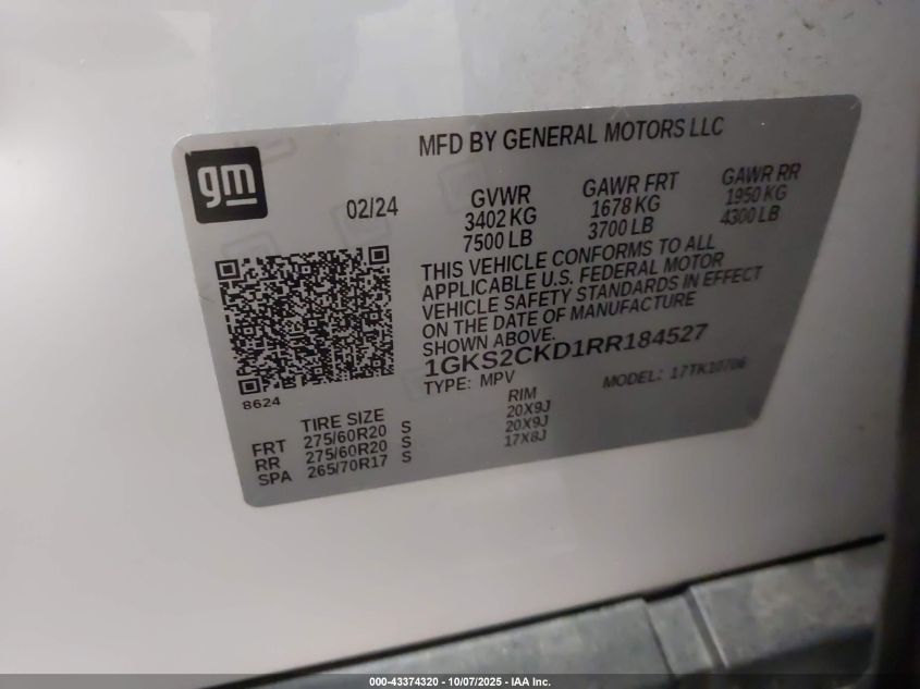 2024 GMC Yukon 4Wd At4 VIN: 1GKS2CKD1RR184527 Lot: 43374320