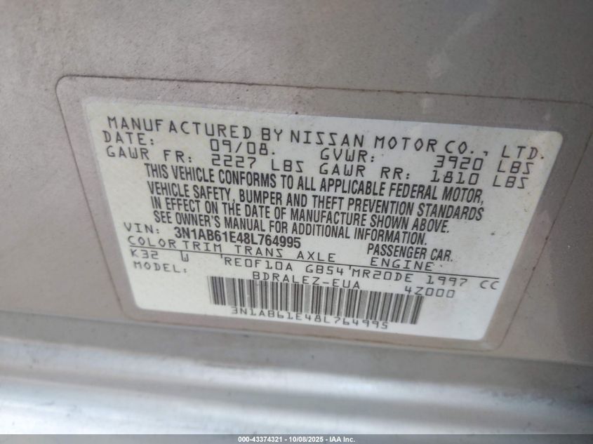 2008 Nissan Sentra 2.0S VIN: 3N1AB61E48L764995 Lot: 43374321