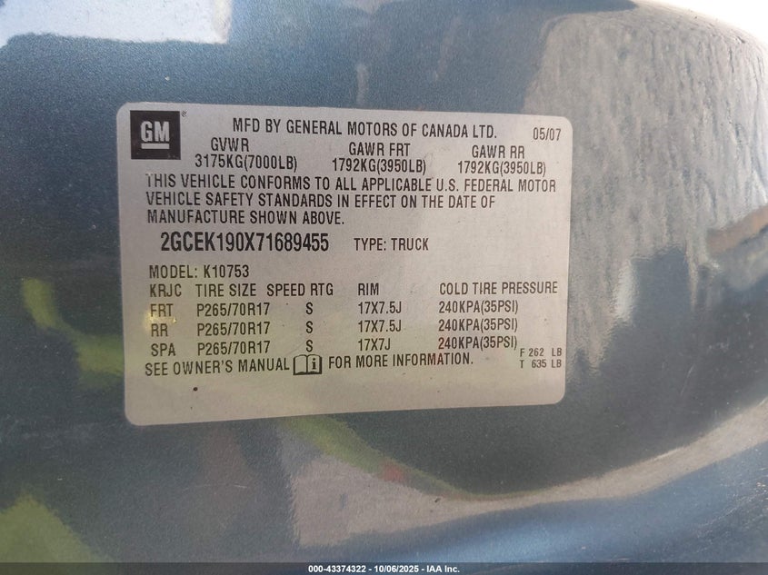 2007 Chevrolet Silverado 1500 Lt1 VIN: 2GCEK190X71689455 Lot: 43374322