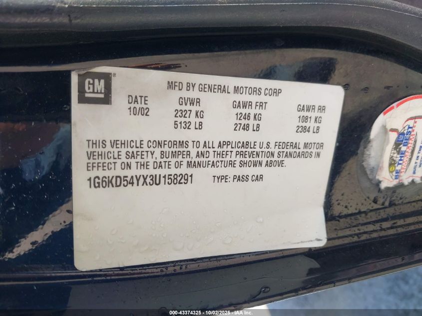 2003 Cadillac Deville Standard VIN: 1G6KD54YX3U158291 Lot: 43374325