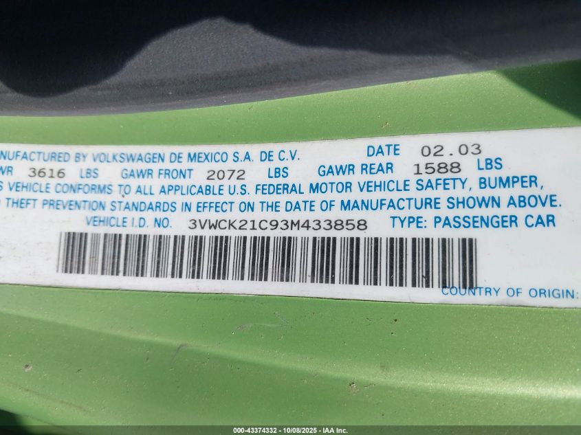 2003 Volkswagen New Beetle Gls 2.0L VIN: 3VWCK21C93M433858 Lot: 43374332