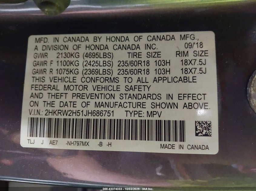 2018 HONDA CR-V EX - 2HKRW2H51JH686751