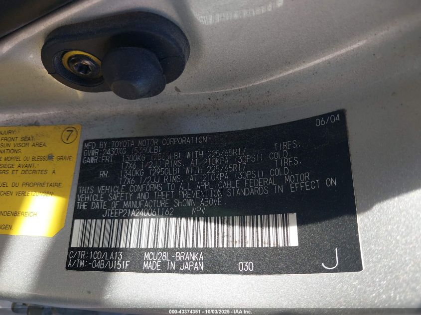 2004 Toyota Highlander Limited V6 VIN: JTEEP21A240061162 Lot: 43374351