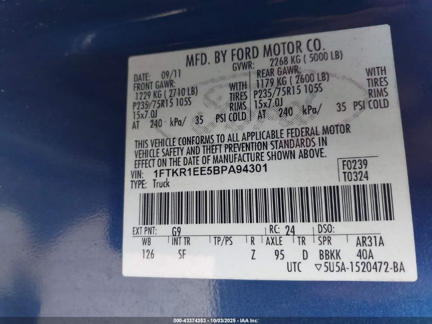 2011 Ford Ranger Sport VIN: 1FTKR1EE5BPA94301 Lot: 43374353