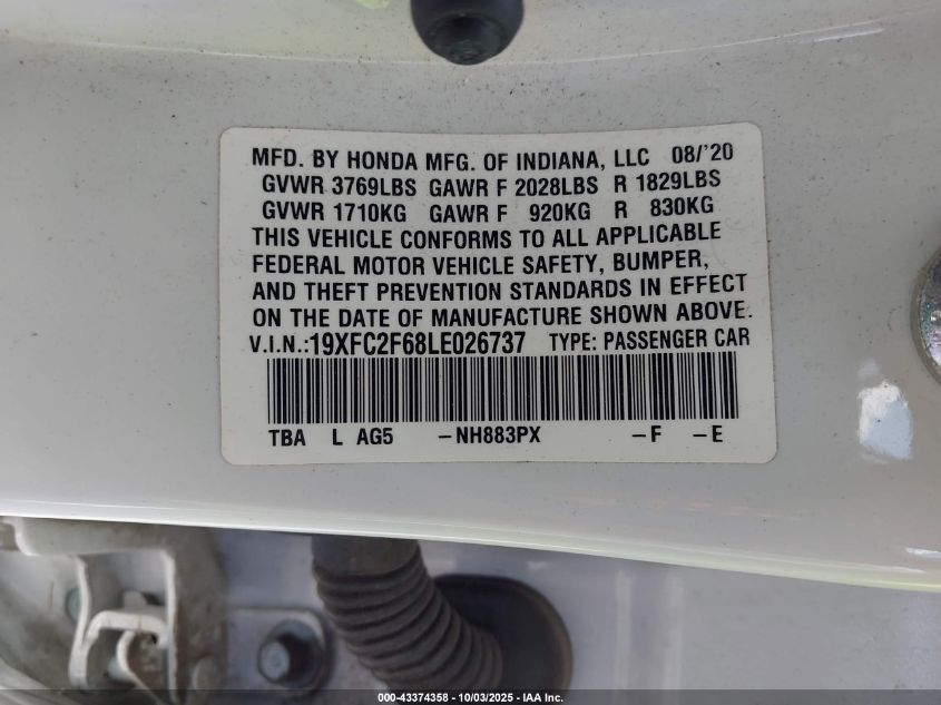 2020 Honda Civic Lx VIN: 19XFC2F68LE026737 Lot: 43374358