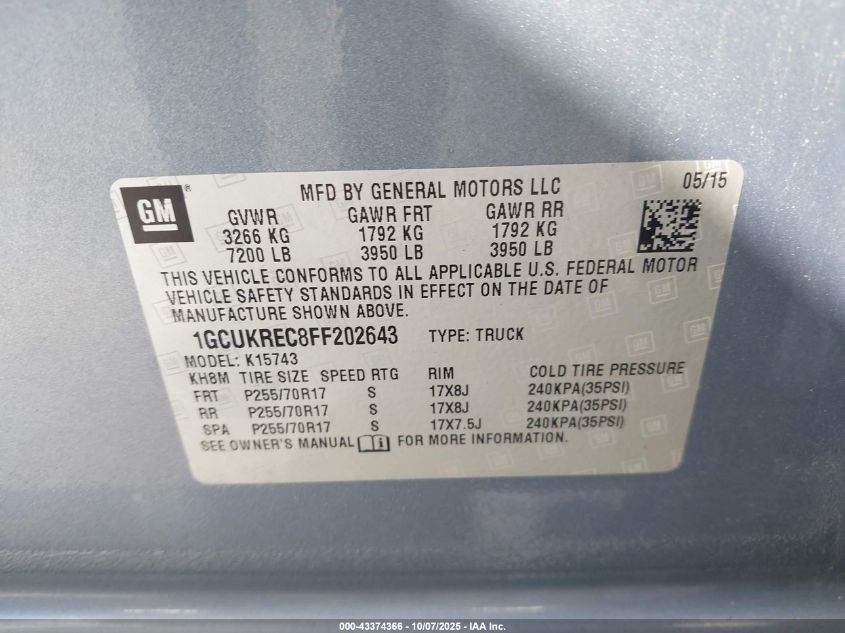 2015 Chevrolet Silverado 1500 1Lt VIN: 1GCUKREC8FF202643 Lot: 43374366