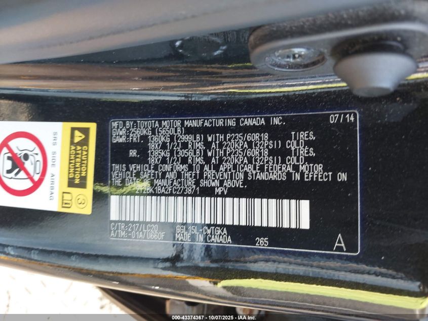 2015 Lexus Rx 350 VIN: 2T2BK1BA2FC273871 Lot: 43374367