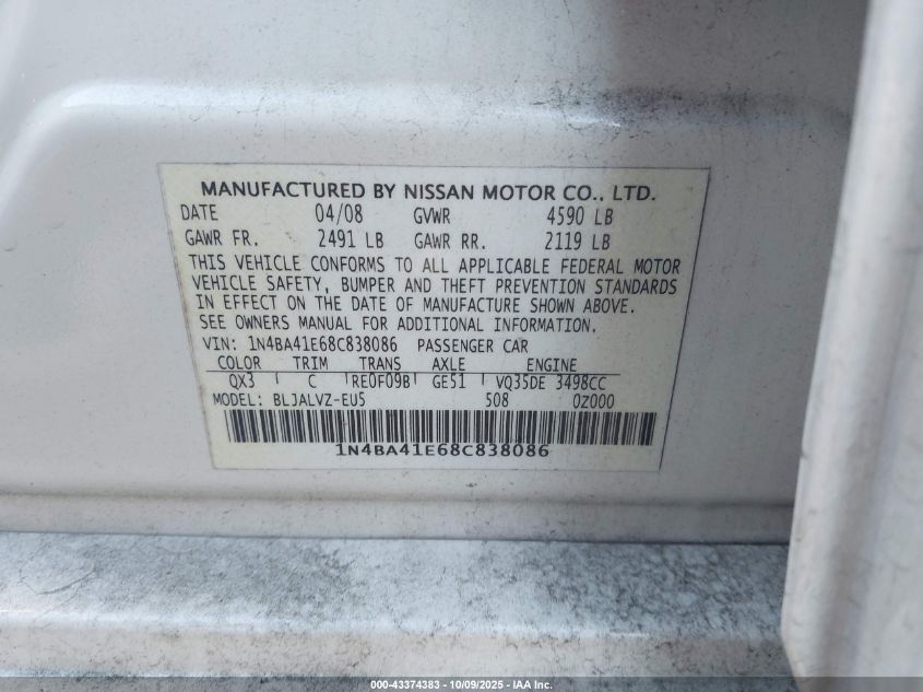 2008 Nissan Maxima 3.5 Se VIN: 1N4BA41E68C838086 Lot: 43374383