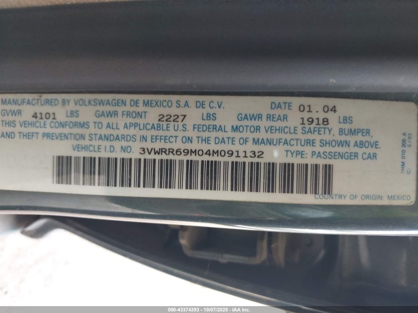 2004 Volkswagen Jetta Gl Tdi VIN: 3VWRR69M04M091132 Lot: 43374393