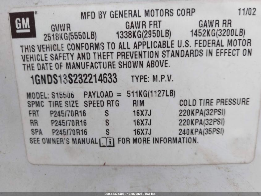 2003 Chevrolet Trailblazer Ls VIN: 1GNDS13S232214633 Lot: 43374403