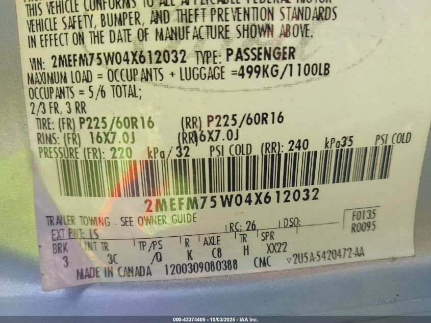 2004 Mercury Grand Marquis Ls VIN: 2MEFM75W04X612032 Lot: 43374405