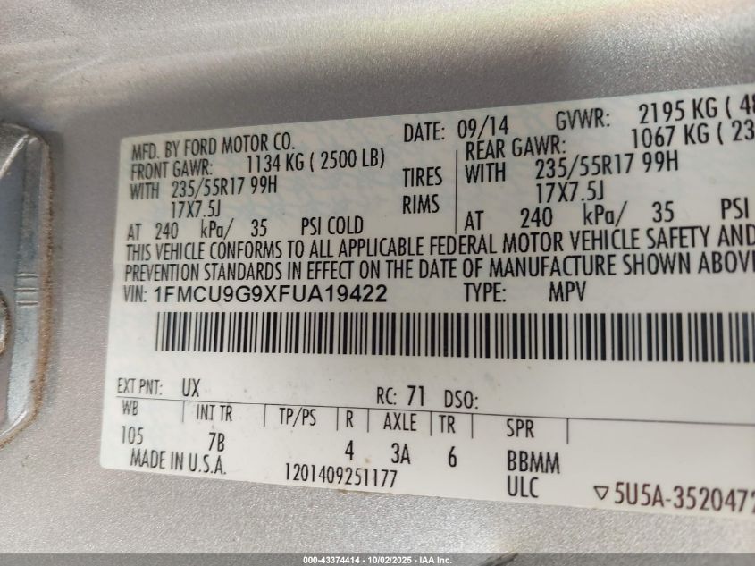 2015 Ford Escape Se VIN: 1FMCU9G9XFUA19422 Lot: 43374414