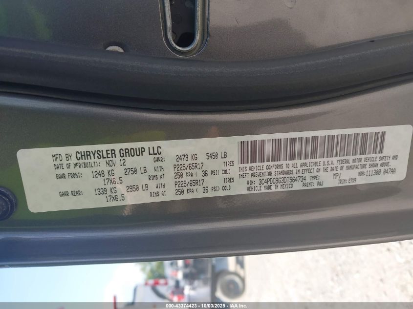 2013 Dodge Journey Sxt VIN: 3C4PDCBG3DT564734 Lot: 43374423