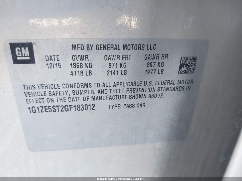 2016 Chevrolet Malibu 1Lt VIN: 1G1ZE5ST2GF183012 Lot: 43374426