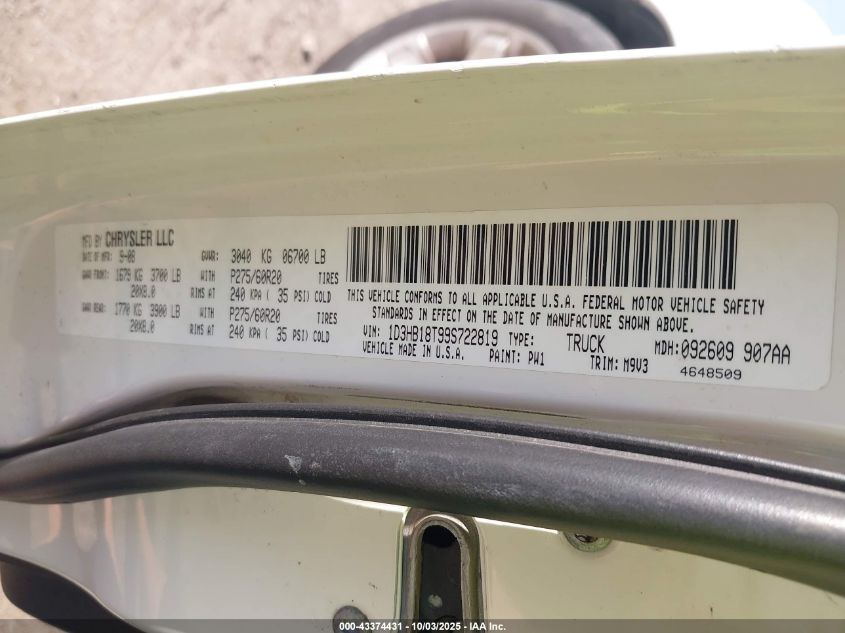 2009 Dodge Ram 1500 Slt/Sport/Trx VIN: 1D3HB18T99S722819 Lot: 43374431