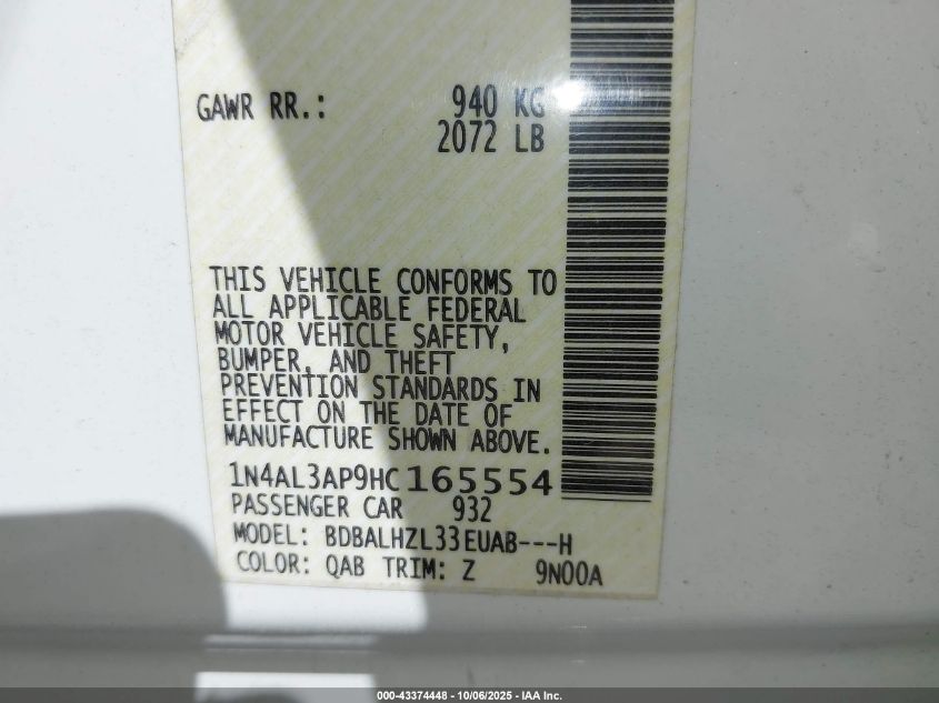 2017 Nissan Altima 2.5 Sr VIN: 1N4AL3AP9HC165554 Lot: 43374448