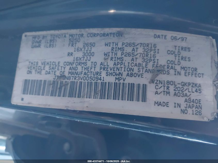 1997 Toyota 4Runner Sr5 V6 Limited VIN: JT3GN87R3V0050941 Lot: 43374471