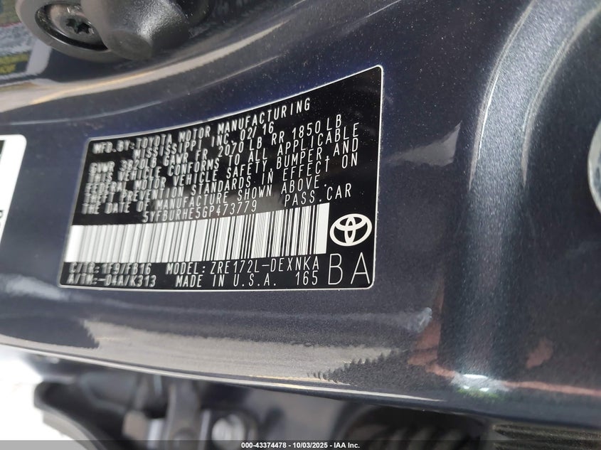 2016 TOYOTA COROLLA LE - 5YFBURHE5GP473779