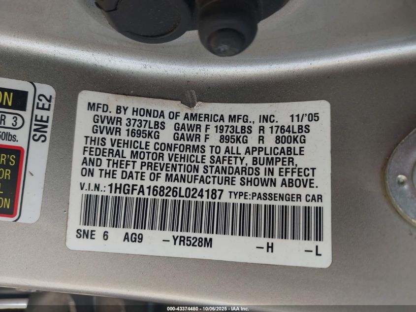 2006 Honda Civic Ex VIN: 1HGFA16826L024187 Lot: 43374480