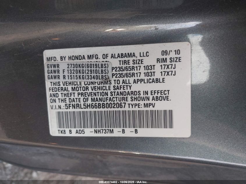 2011 Honda Odyssey Ex-L VIN: 5FNRL5H66BB002067 Lot: 43374482