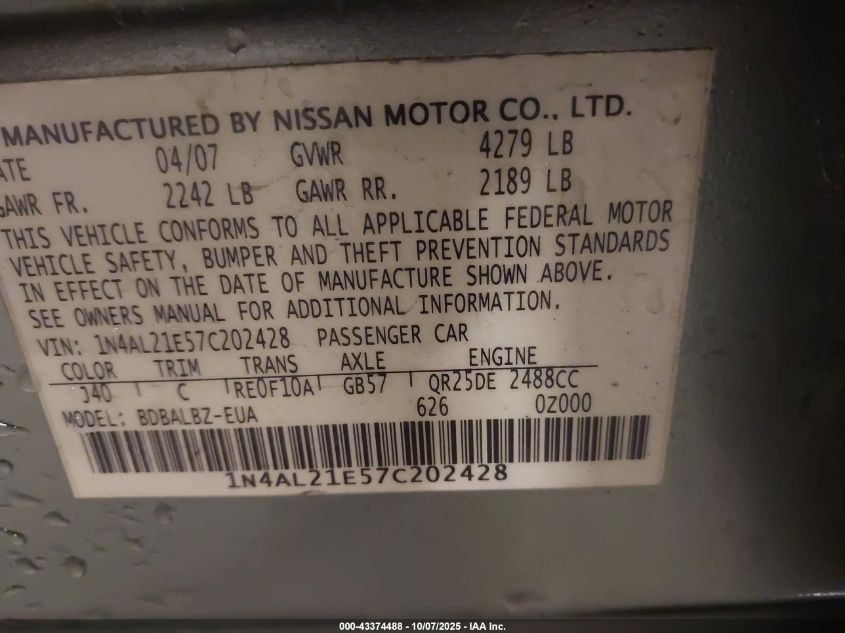 2007 Nissan Altima 2.5 S VIN: 1N4AL21E57C202428 Lot: 43374488