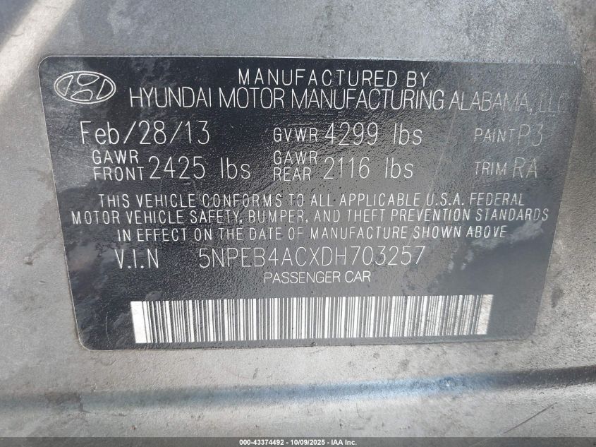 2013 Hyundai Sonata Gls VIN: 5NPEB4ACXDH703257 Lot: 43374492