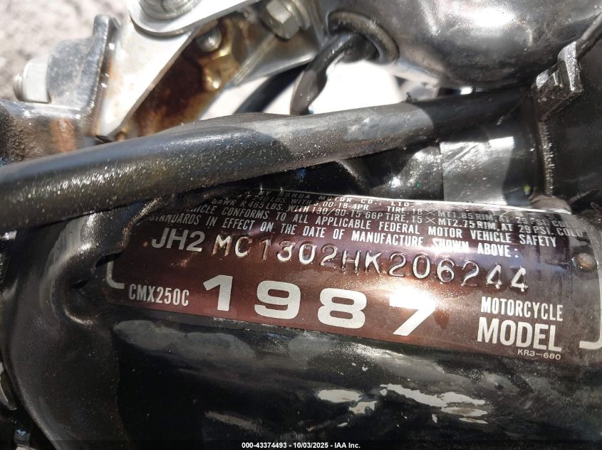 1987 Honda Cmx250 C VIN: JH2MC1302HK206244 Lot: 43374493