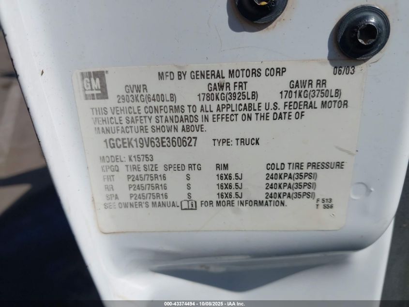 2003 Chevrolet Silverado 1500 VIN: 1GCEK19V63E360627 Lot: 43374494