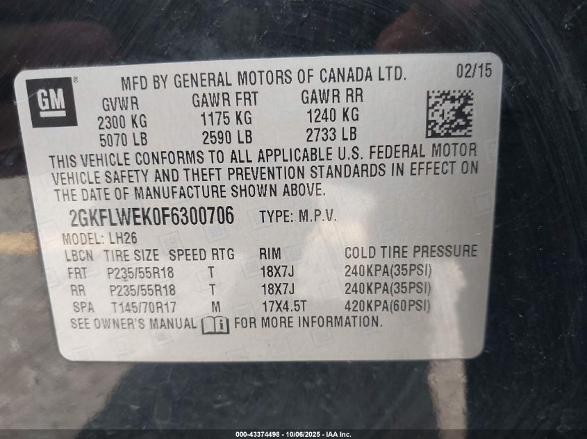 2015 GMC Terrain Sle-2 VIN: 2GKFLWEK0F6300706 Lot: 43374498