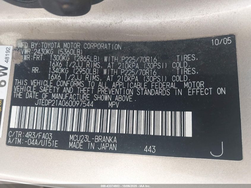 2006 Toyota Highlander V6 VIN: JTEDP21A060097544 Lot: 43374503