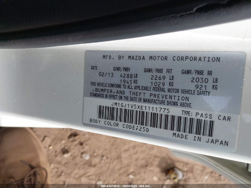 2014 Mazda Mazda6 I Touring VIN: JM1GJ1V5XE1111775 Lot: 43374512