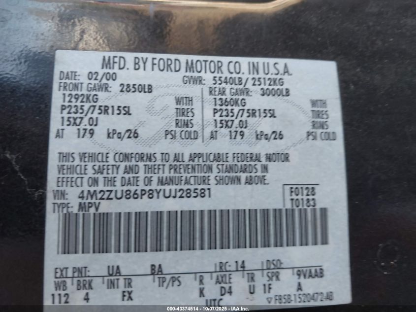 2000 Mercury Mountaineer VIN: 4M2ZU86P8YUJ28581 Lot: 43374514