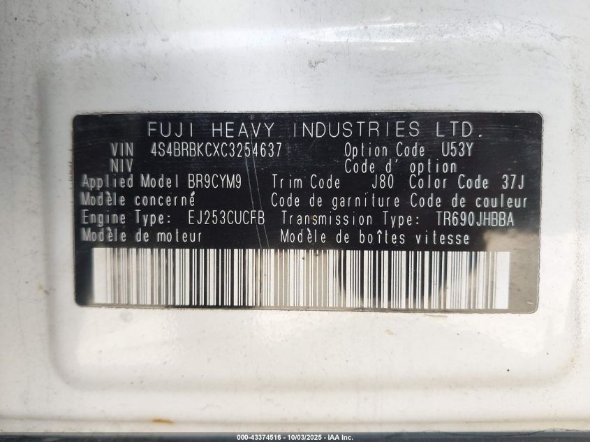 2012 Subaru Outback 2.5I Limited VIN: 4S4BRBKCXC3254637 Lot: 43374516