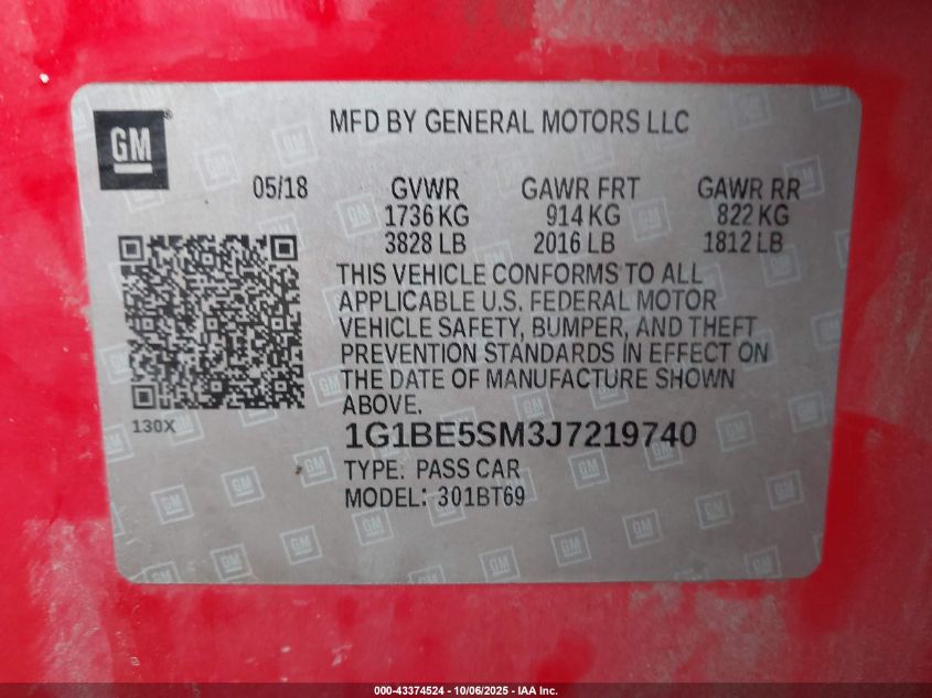 2018 Chevrolet Cruze Lt Auto VIN: 1G1BE5SM3J7219740 Lot: 43374524