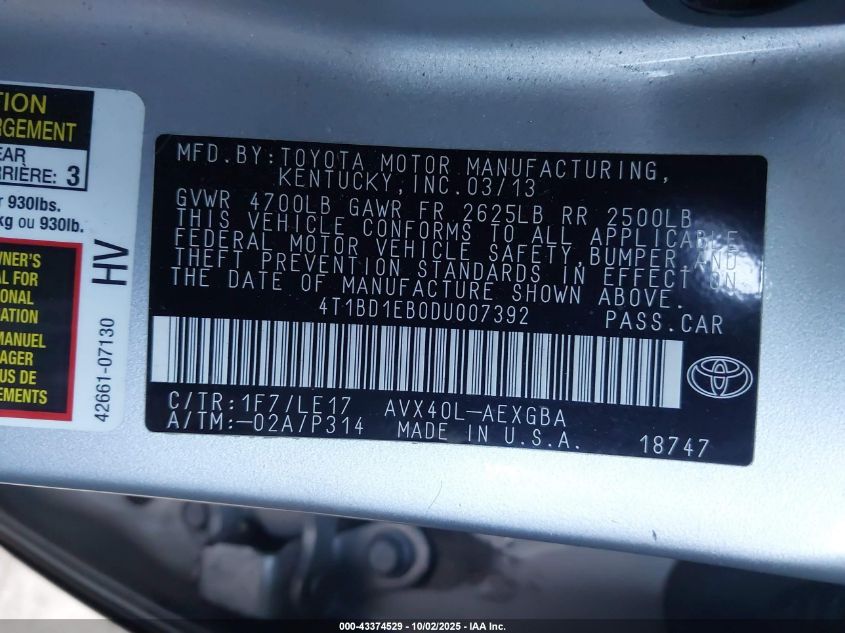 2013 Toyota Avalon Hybrid Xle Touring VIN: 4T1BD1EB0DU007392 Lot: 43374529