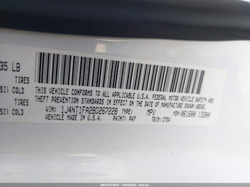 2011 Jeep Compass VIN: 1J4NT1FA2BD267228 Lot: 43374533