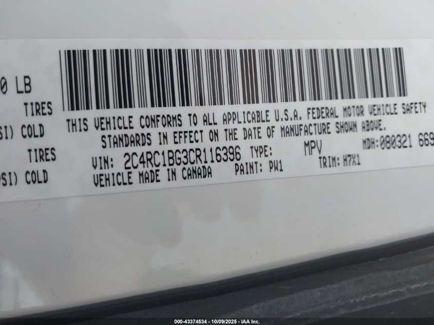 2012 Chrysler Town & Country Touring VIN: 2C4RC1BG3CR116396 Lot: 43374534