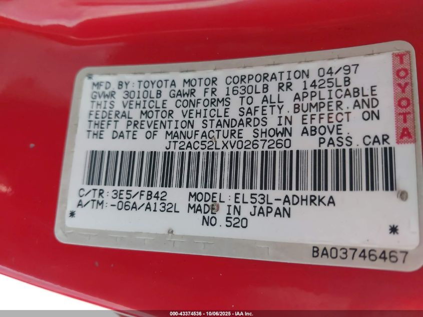 1997 Toyota Tercel Limited Edition VIN: JT2AC52LXV0267260 Lot: 43374536