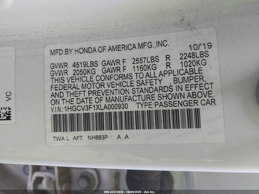 2020 Honda Accord Hybrid VIN: 1HGCV3F1XLA000930 Lot: 43374539