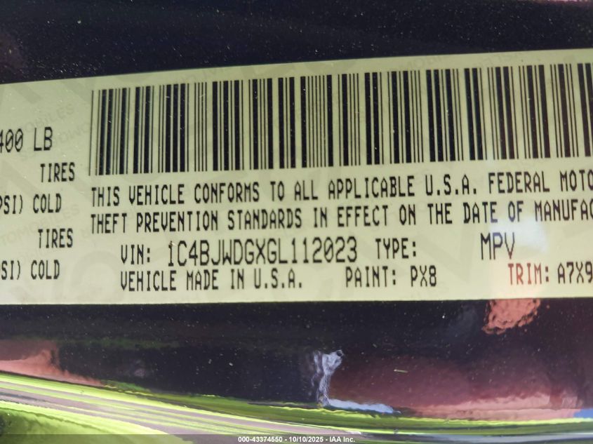 2016 Jeep Wrangler Unlimited Sport VIN: 1C4BJWDGXGL112023 Lot: 43374550