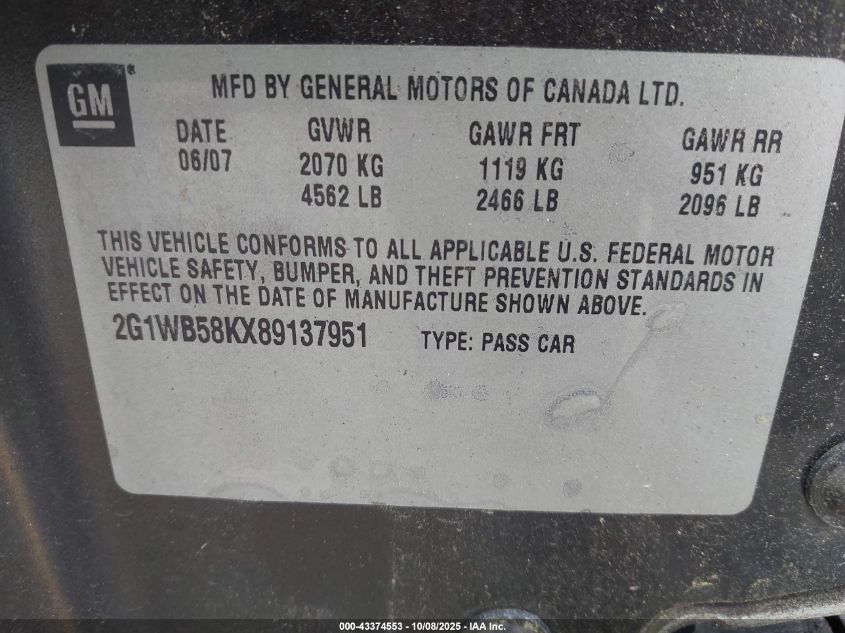 2008 Chevrolet Impala Ls VIN: 2G1WB58KX89137951 Lot: 43374553