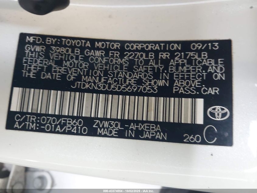 2013 Toyota Prius Three VIN: JTDKN3DU5D5697053 Lot: 43374554