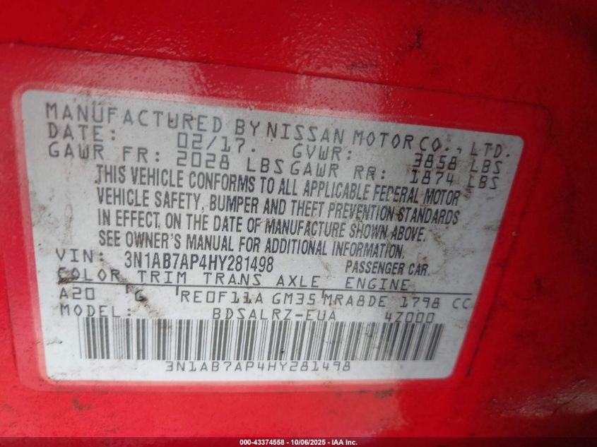 2017 Nissan Sentra Sr VIN: 3N1AB7AP4HY281498 Lot: 43374558