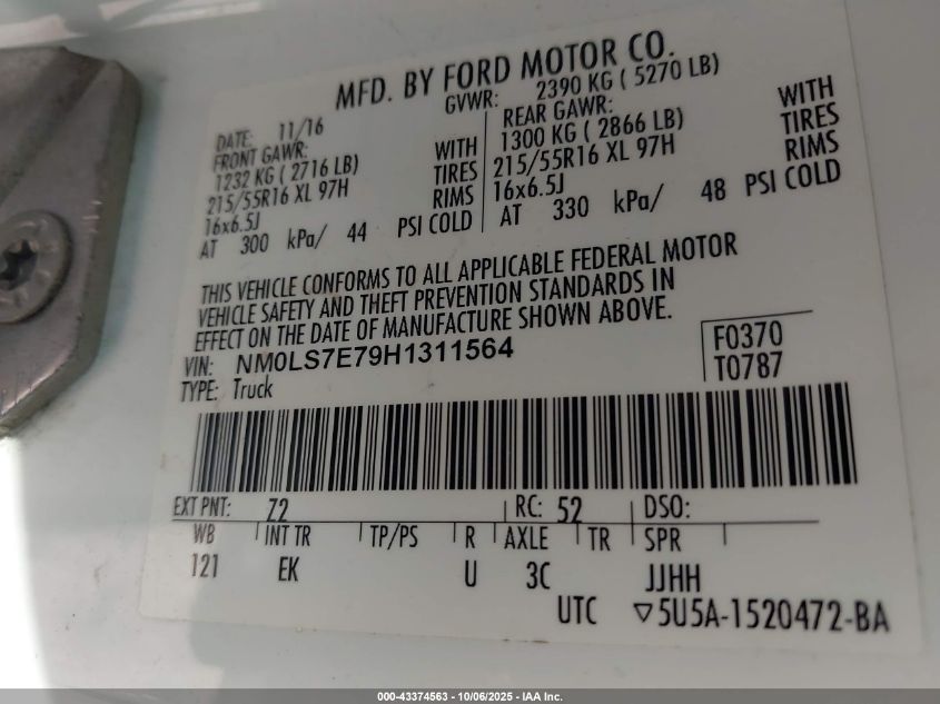 2017 Ford Transit Connect Xl VIN: NM0LS7E79H1311564 Lot: 43374563