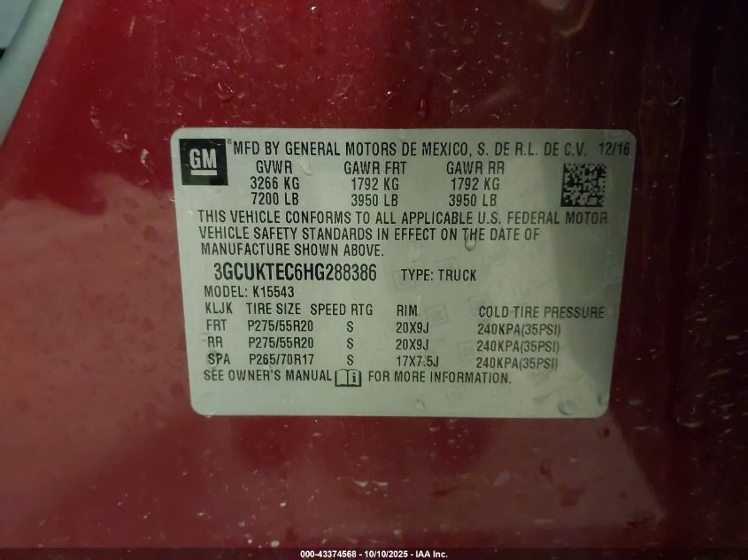 2017 Chevrolet Silverado 1500 High Country VIN: 3GCUKTEC6HG288386 Lot: 43374568