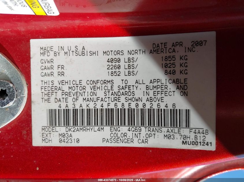 2008 Mitsubishi Eclipse Gs VIN: 4A3AK24F68E002646 Lot: 43374573