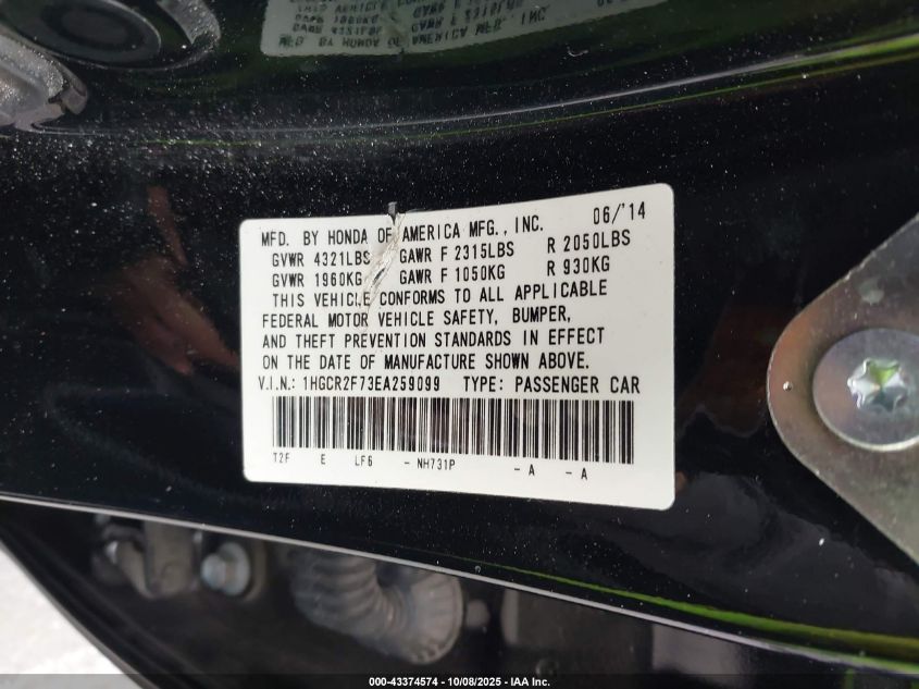 2014 Honda Accord Ex VIN: 1HGCR2F73EA259099 Lot: 43374574