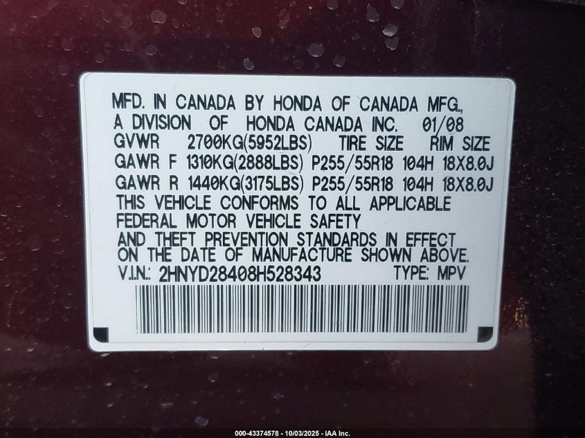 2008 Acura Mdx Technology Package VIN: 2HNYD28408H528343 Lot: 43374578