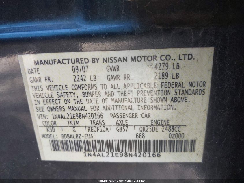 2008 Nissan Altima 2.5 S VIN: 1N4AL21E98N420166 Lot: 43374579