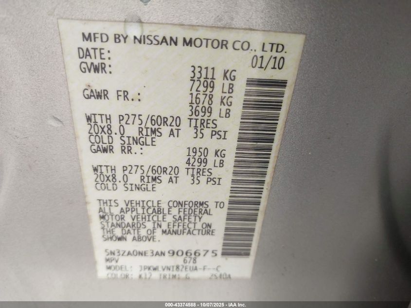 2010 Infiniti Qx56 VIN: 5N3ZA0NE3AN906675 Lot: 43374588